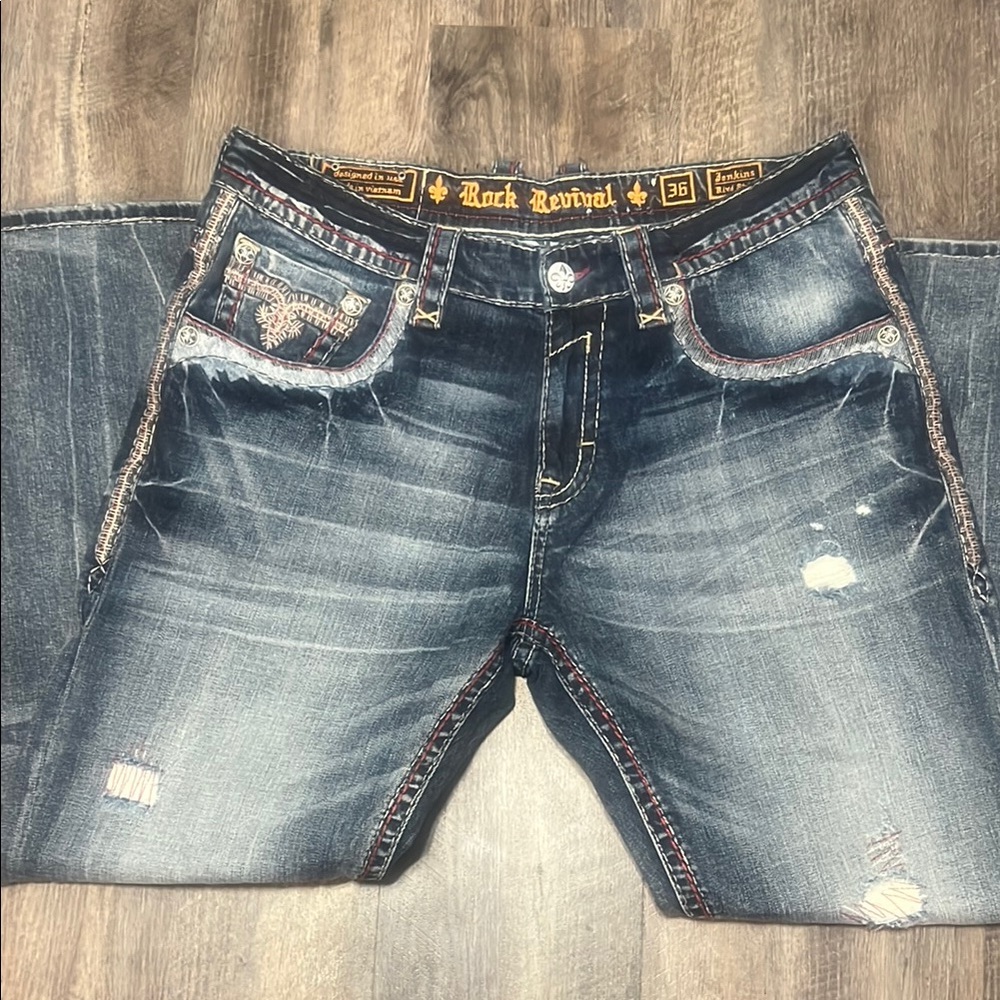 Rock Revival Blue Relaxed Jeans with Distressed Style